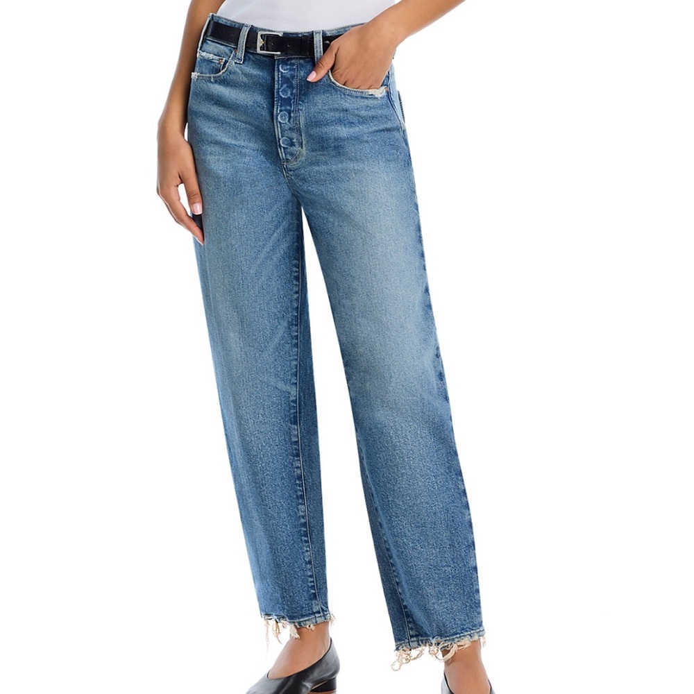 PAIGE High-Rise Button-Fly Straight Jeans in Medium Blue Wash